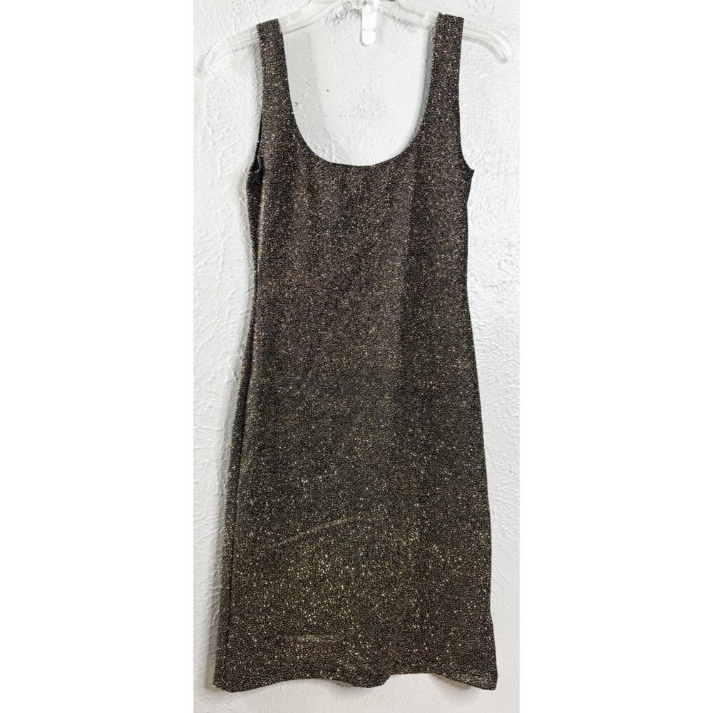 VTG Just In Time USA Made Medium Gold Black Sparkle Nylon/Poly Bodycon Dress EUC